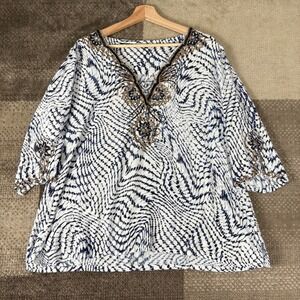 Soft Surroundings Embellished V Neck Tunic Top Blue White Print Womens Size PXL